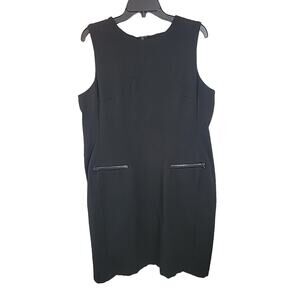 Talbots Black faux leather trim Zip Pockets Sleeveless Pencil Sheath Dress Sz 16